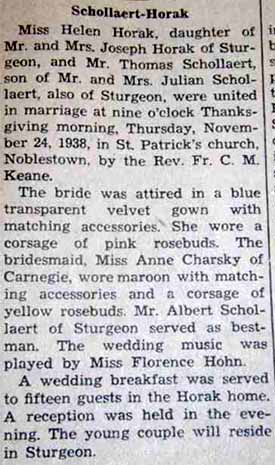 Marriage Notice for Thomas SCHOLLAERT to Helen Horak, 24 Nov 1938