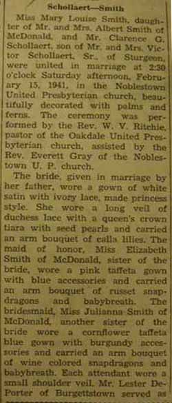 Part 1 Marriage Notice for Clarence G. SCHOLLAERT to Mary Louise Smith, 15 Feb 1941
