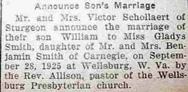 Marriage Notice for William SCHOLLAERT to Gladys Smith, 28 Sep 1925