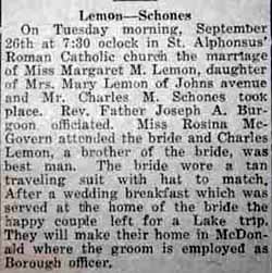 Marriage Notice for Charles M. SCHONS to Margaret M. Lemon, 26 Sep 1922