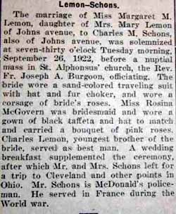Marriage Notice for Charles M. SCHONS to Margaret M. Lemon, 26 Sep 1922