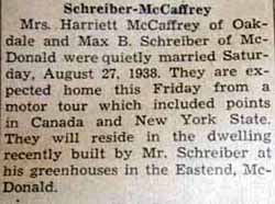 Marriage Notice for Max B. SCHREIBER to Mrs. Harriett McCaffrey, 27 Aug 1938