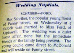 Wedding Announcements for Max SCHRIBER to Miss Ford, no date, in 6-14-1902 paper