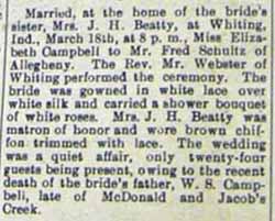 Marriage Notice for Fred SCHULTZ to Elizabeth Campbell, 18 Mar 1908
