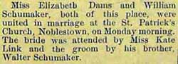 Marriage Notice for William SCHUMAKER and Miss Elizabeth DAMS, no date, in 1-13-11-record