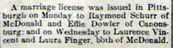 Marriage License: Laurence VINCENT and Laura FINGER, in 11-20-1914 newspaper