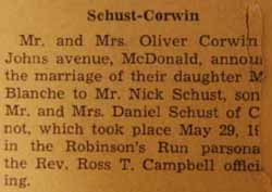 Marriage Notice for Nick SCHUST to M. Blanche Corwin, 29 May 1940