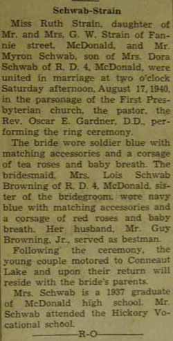 Marriage Notice for Myron SCHWAB to Ruth Strain, 17 Aug 1940