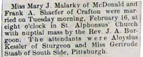 Marriage Notice for Frank A. SHAFFER to Mary J. MALARKY, Tues., Feb. 16, 1915