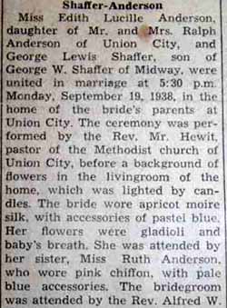 Part 1 Marriage Notice for George Lewis SHAFFER to Edith Lucille Anderson, 19 Sep 1938