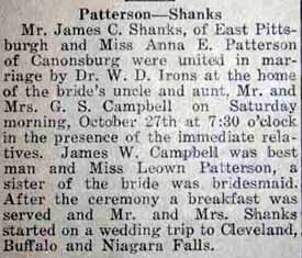 Marriage Notice for James C. SHANKS to Anna E. Patterson, 27 Oct 1923