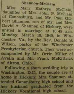 Marriage Notice for Paul Gilbert SHANNON to Mary Kathryn McClain, 18 Mar 1940