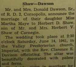 Part 1 Marriage Notice for Herbert D. SHAW to Martha Maye Dawson, 14 Jun 1941