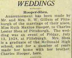 Marriage Notice for Charles Lester SHEA to Ruth Hooper, 13 Jul 1928