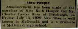 2nd marriage notice for Charles Lester SHEA to Ruth Hooper, 13 Jul 1928