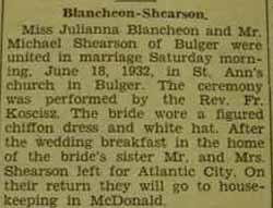 Marriage Notice for Michael Shearson to Miss Julianna Blancheon, Sat., June 18, 1932