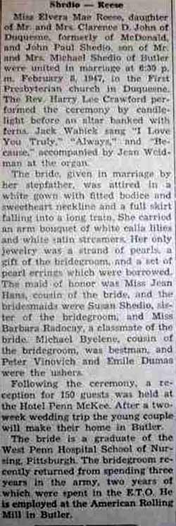 Marriage Notice for John Paul SHEDIO to Elvera Mae Reese, 5 Feb 1947