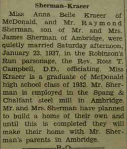 Marriage notice for Raymond SHERMAN to Anna Belle Kraeer, 23 Jan 1937