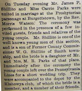Marriage Notice for James P. SHILLITO to Carrie Parks, no date, in 11-25-1905 paper