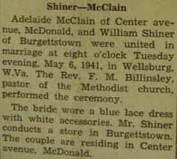 Marriage notice for William SHINER to Adelaide McClain, 6 May 1941