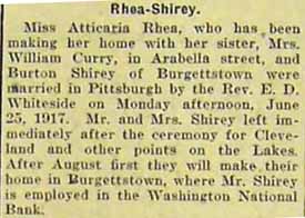 Marriage Notice for Burton SHIREY to Atticatia Rhea, 25 Jun 1917