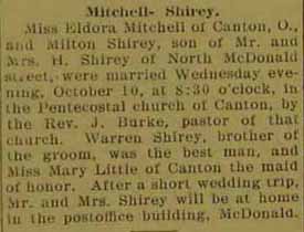 Marriage Notice for Milton R. SHIREY to Eldora Mitchell, 10 Oct 1928