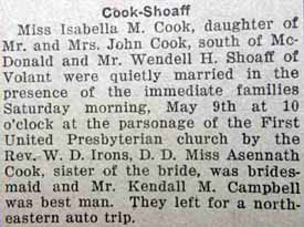 Marriage Notice for Wendell H. SHOAFF to Isabella M. Cook, 9 May 1925