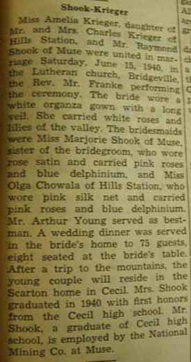 Marriage Notice for Raymond SHOOK to Amelia Krieger, 15 Jun 1940