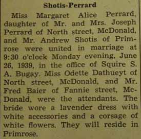Marriage Notice for Andrew SHOTIS to Margaret Alice Perrard, 26 Jun 1939