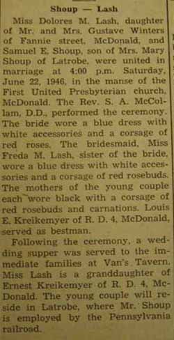 Marriage Notice for Samuel E. SHOUP to Dolores M. Lash, 22 Jun 1946