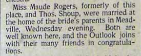 Marriage Notice for Thomas SHOUP to Maude Rogers, no date, in 11-1-1902 paper