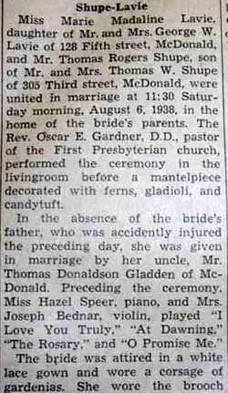 Part 1 Marriage Notice for Thomas Rogers SHUPE to Marie Madaline Lavie, 6 Aug 1938