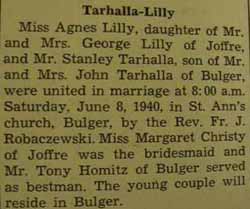 Marriage Notice for 
 Stanley TARHALLA to Agnes Lilly, 8 Jun 1940