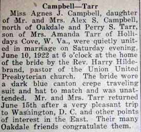 Marriage Notice for Perry S. TARR to Agnes J. Campbell, 10 Jun 1922