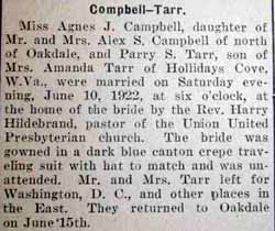 Marriage Notice for Perry S. TARR to Agnes J. Campbell, 10 Jun 1922