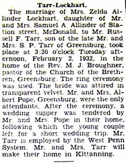 Marriage Notice for  Russell F. TARR to Mrs. Zelda ALLINDER LOCKHART, 2 Feb 1932
