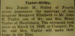 Article 2 Marriage Notice for John E. TAYLOR to Margaret Elizabeth Stilley, 14 Mar 1928