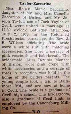 Marriage Notice for Joseph TAYLOR to Rose Marie Zaccarino, 2 Jul 1938