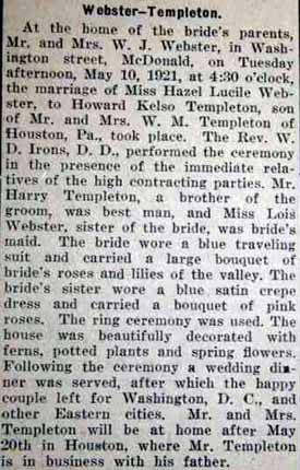 Article 2 Marriage notice for Howard Kelso TEMPLETON to Hazel Lucile Webster, 10 May 1921