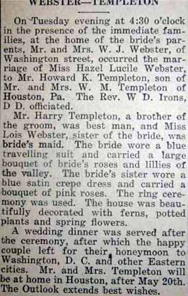 Article 1 Marriage notice for Howard Kelso TEMPLETON to Hazel Lucile Webster, 10 May 1921