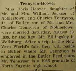 Marriage notice for Charles TENNYSON, Jr. to Doris Hoover, 19 Aug 1939