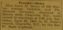 Marriage notice for 
Michael TERENSKY to Anna M. Metro, 26 Jun 1943