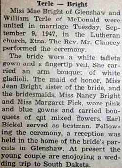 Marriage Notice for William TERLE to Mae Bright, 9 Sep 1947