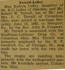 Marriage notice for 
 Robert W. TERRELL to Eudora Lefley, 15 Jun 1940