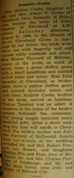 Marriage Notice for 
John TESSMER to Maxine Cooke, 31 Aug 1940