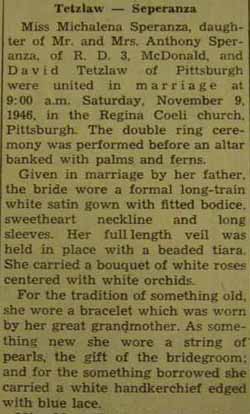 Part 1 Marriage Notice for David TETZLAW to Michalena Speranza, 9 Nov 1946