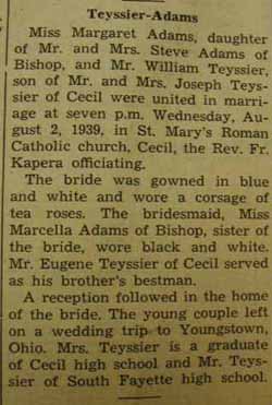 Marriage notice for 
William TEYSSIER to Margaret Adams, 2 Aug 1939