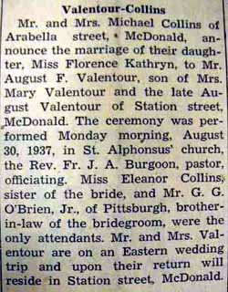Marriage Notice for August F. VALENTOUR to Florence Kathryn Collins, 30 Aug 1937