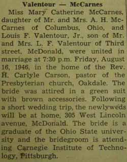 Marriage Notice for Louis F. VALENTOUR, Jr. to Mary Catherine McCarnes, 16 Aug 1946