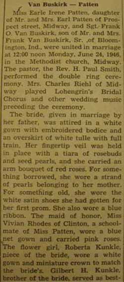 Part 1 Marriage Notice for Frank O. VAN BUSKIRK to Earle Irene Patten, 24 Jun 1946